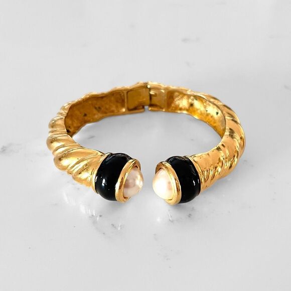Joan Rivers Vintage Gold Faux Pearl Clamper Cuff Bracelet - Picture 1 of 5